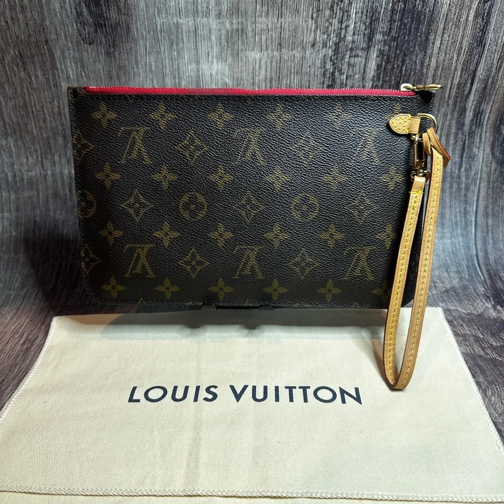 Louis Vuitton Pouchette Monogram Canvas Wristlet Clutch w/ Strap and Dust Bag